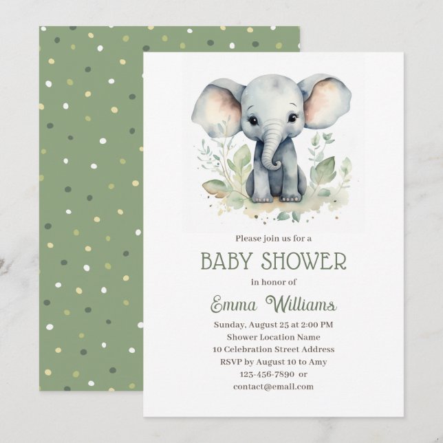 Wasserfarbenlephant Gender Neutral Baby Dusche Einladung (Vorne/Hinten)