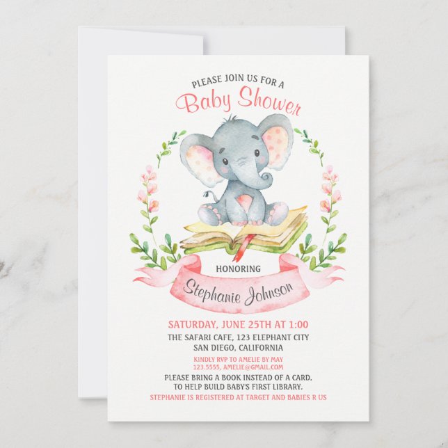 Wasserfarbenlephant Girl Baby Showbook Einladung (Vorderseite)