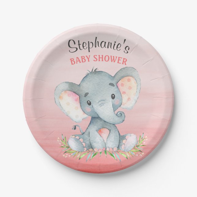 Wasserfarbenlephant Girl Babydusche Pappteller (Vorderseite)