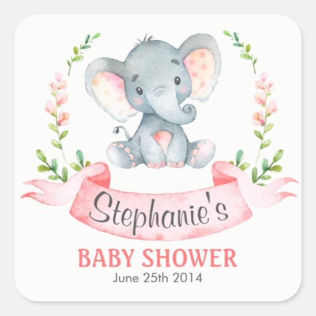 Wasserfarbenlephant Girl Babydusche Quadratischer Aufkleber (Vorderseite)
