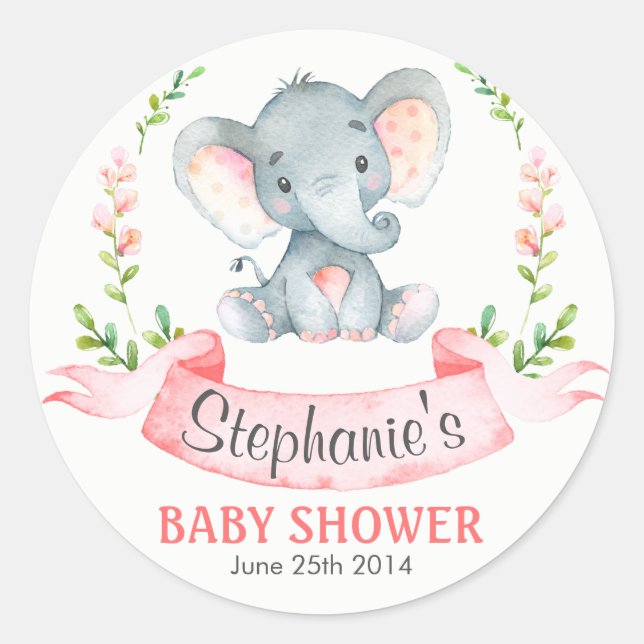 Wasserfarbenlephant Girl Babydusche Runder Aufkleber (Vorderseite)