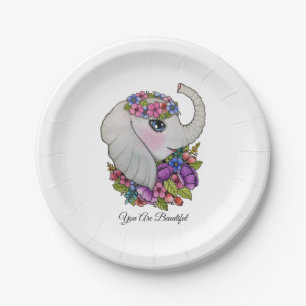 Wasserfarbenlephant mit wilden Blume Pappteller
