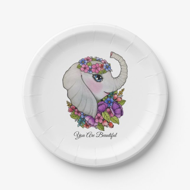 Wasserfarbenlephant mit wilden Blume Pappteller (Vorderseite)