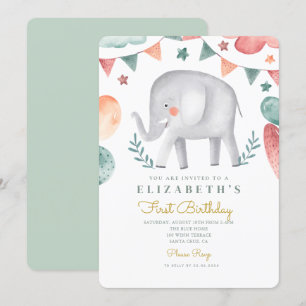Wasserfarbenlephant Niedlich Baloons 1. Geburtstag Einladung