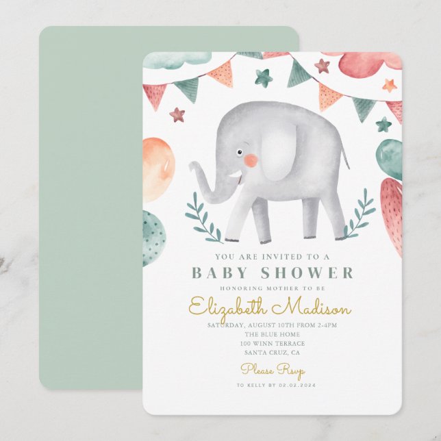 Wasserfarbenlephant Niedlich Baloons Babydusche Einladung (Vorne/Hinten)