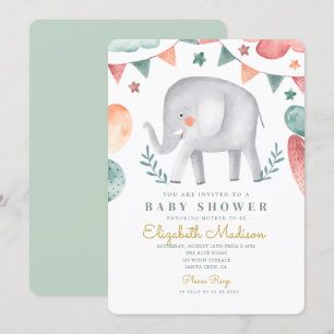 Wasserfarbenlephant Niedlich Baloons Babydusche Einladung