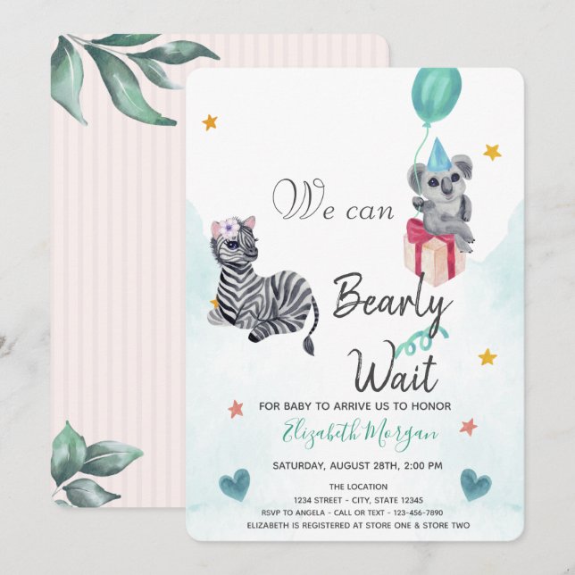 Wasserfarbenlephant, Zebrastreifen-Babydusche Einladung (Vorne/Hinten)