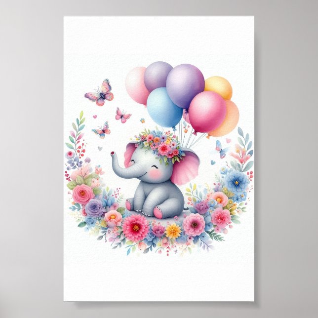 Wasserfarbenlephon mit Balloons und Blume Poster (Vorne)