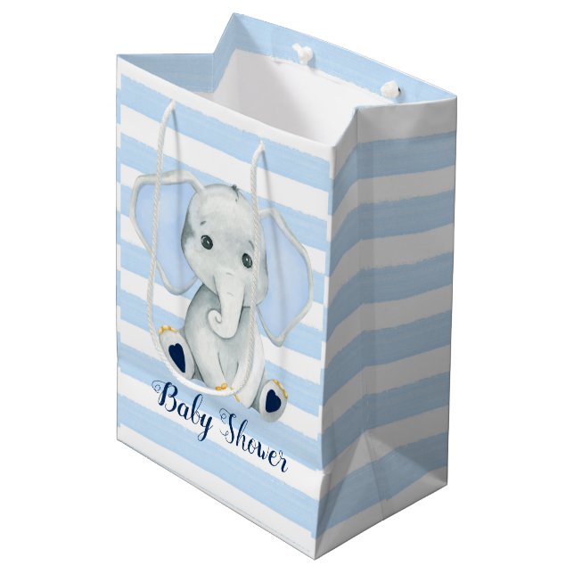 Wasserfarbenlephon mit Blauer Streifen Babydusche Mittlere Geschenktüte (Vorderseite Schrägansicht)