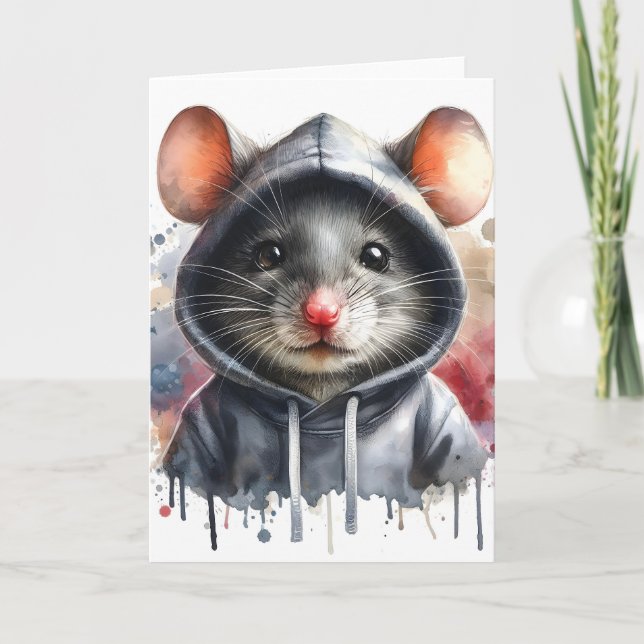 Wasserfarbenmäuse in Grey Hoodie Splash Art Karte (Vorderseite)