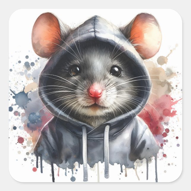 Wasserfarbenmäuse in Grey Hoodie Splash Art Quadratischer Aufkleber (Vorderseite)