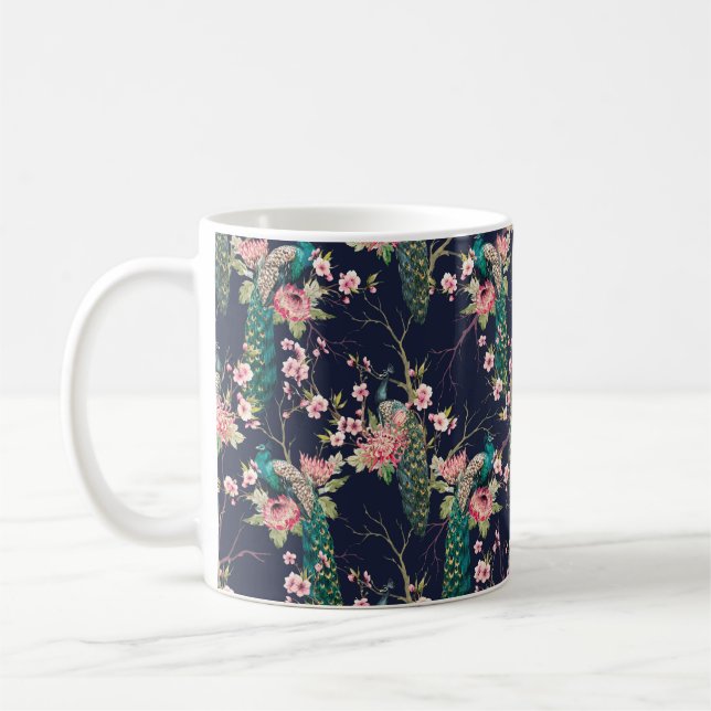Wasserfarbenmuster Pfau auf einer Baumkirsche,Blum Kaffeetasse (Links)