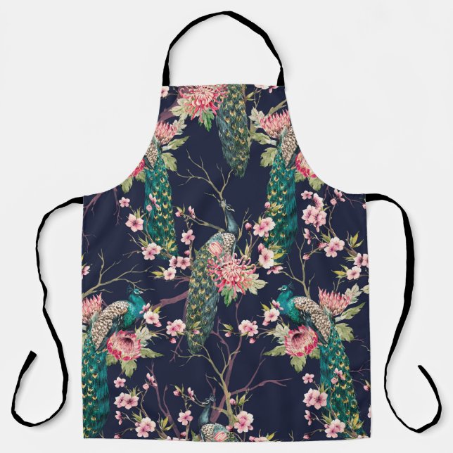 Wasserfarbenmuster Pfau auf einer Baumkirsche,Blum Schürze (Vorderseite)