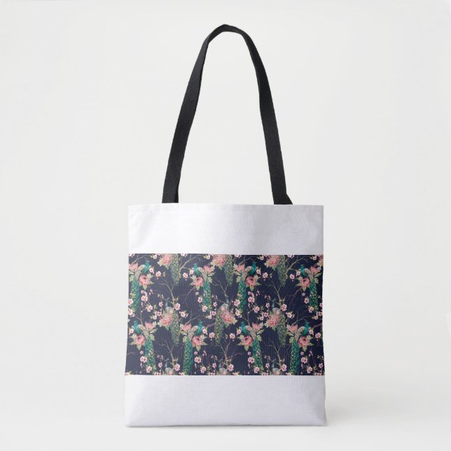 Wasserfarbenmuster Pfau auf einer Baumkirsche,Blum Tasche (Vorderseite)