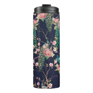 Wasserfarbenmuster Pfau auf einer Baumkirsche,Blum Thermosbecher
