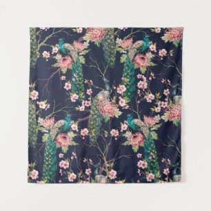 Wasserfarbenmuster Pfau auf einer Baumkirsche,Blum Wandteppich