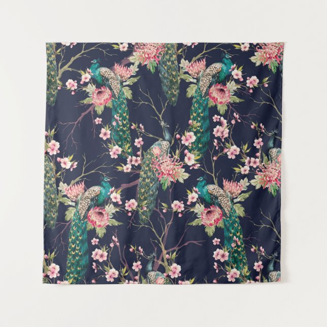 Wasserfarbenmuster Pfau auf einer Baumkirsche,Blum Wandteppich (Vorderseite)