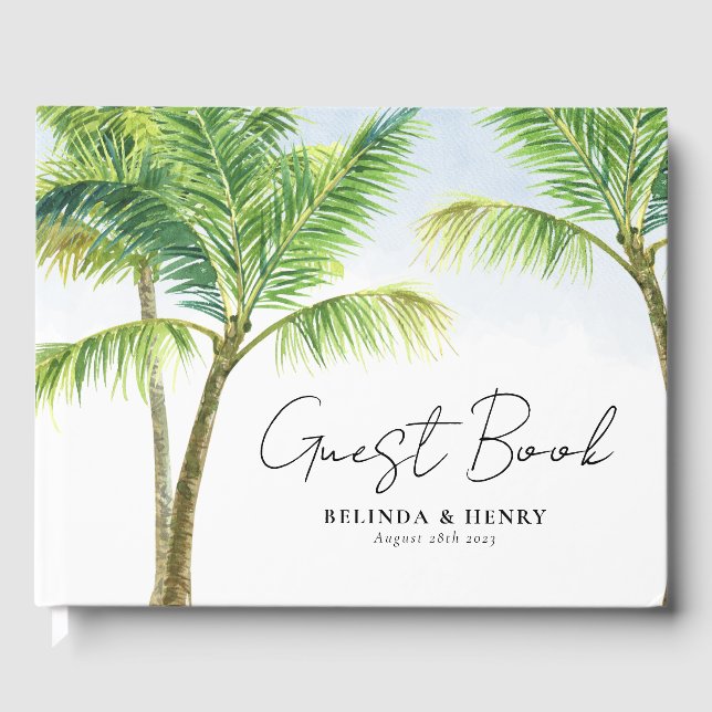 Wasserfarbenpalme Tree Beach Hochzeit Gästebuch (Vorderseite)