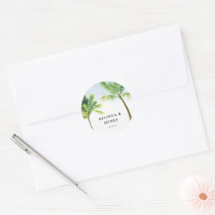 Wasserfarbenpalme Tree Beach Hochzeit Runder Aufkleber