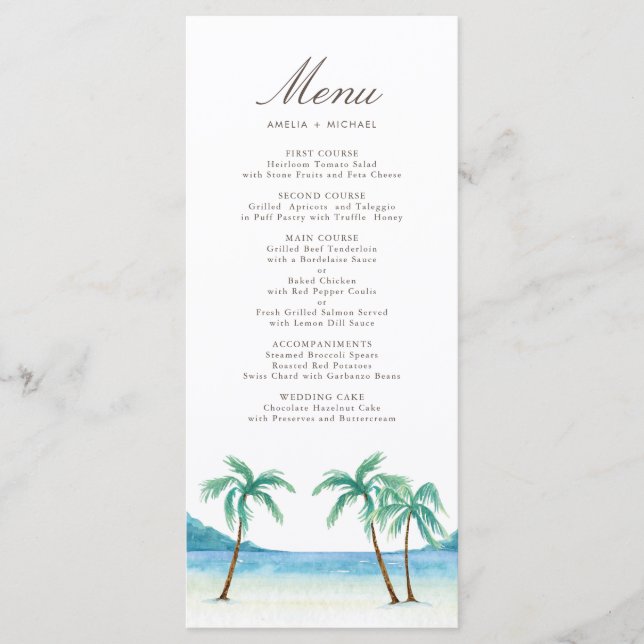 Wasserfarbenpalme Trees Tropical Beach Hochzeit Menükarte (Vorderseite)