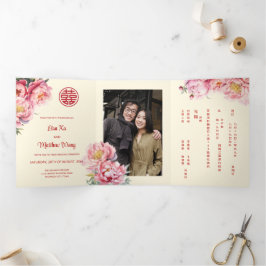 Wasserfarbenpeere | Chinesische Hochzeit mit Foto Dreifach Gefaltete Einladung