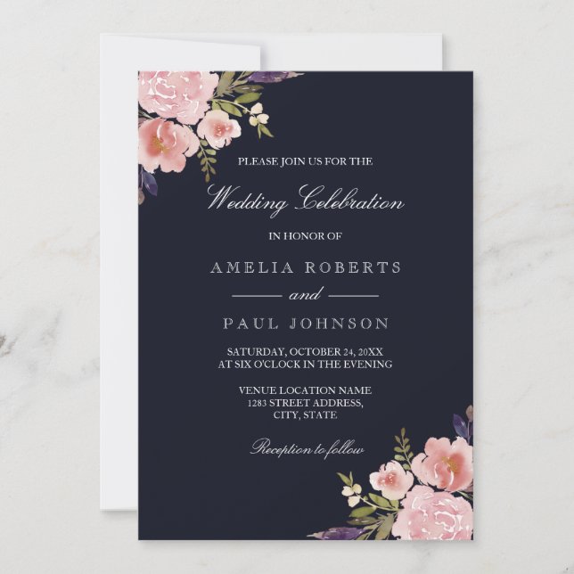 Wasserfarbenpeonies Rosa Navy Einladung zur Hochze (Vorderseite)