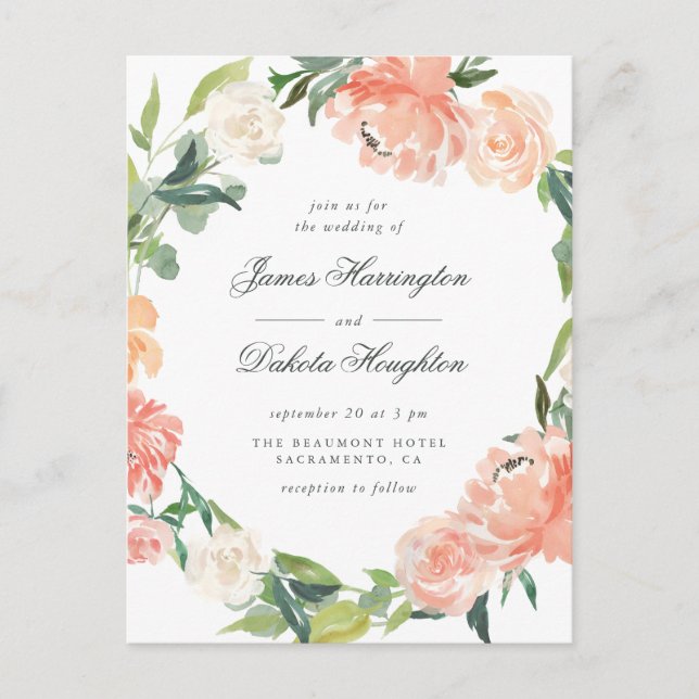 Wasserfarbenpeonies und Eukalyptus Wreath Wedding Einladungspostkarte (Vorderseite)