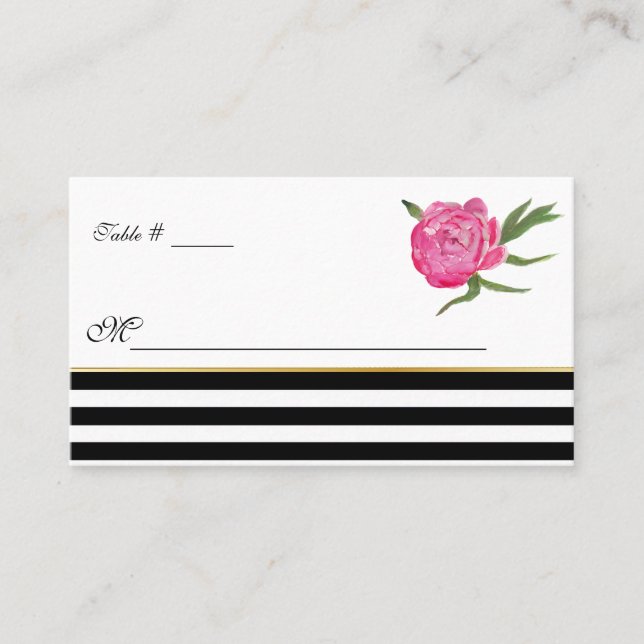 Wasserfarbenpeonies und Streifen Hochzeitskarte Platzkarte (Vorderseite)