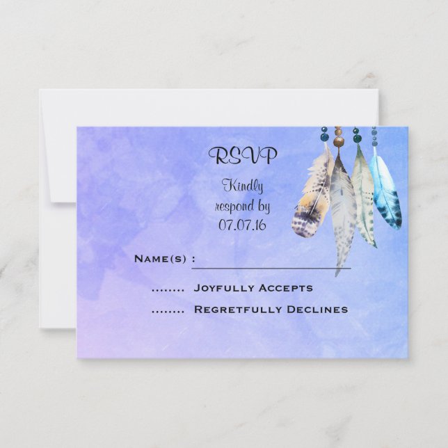 Wasserfarbenperlen 'n Feathers Wedding RSVP Karte (Vorderseite)