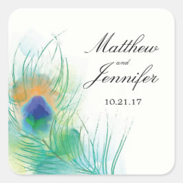Wasserfarbenpfauenfeder-Hochzeit Quadratischer Aufkleber