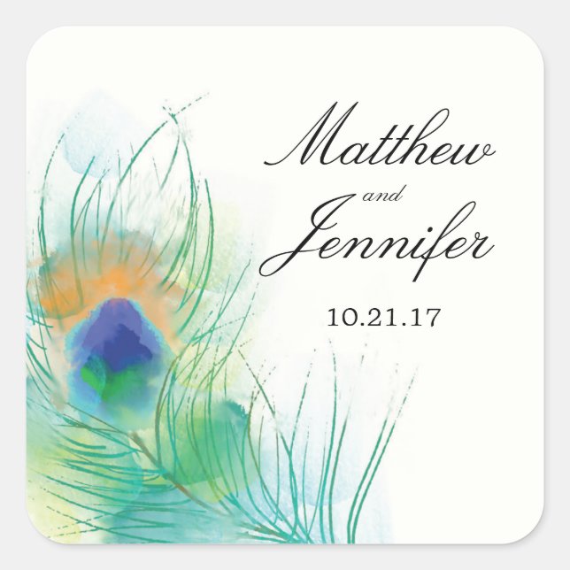 Wasserfarbenpfauenfeder-Hochzeit Quadratischer Aufkleber (Vorderseite)