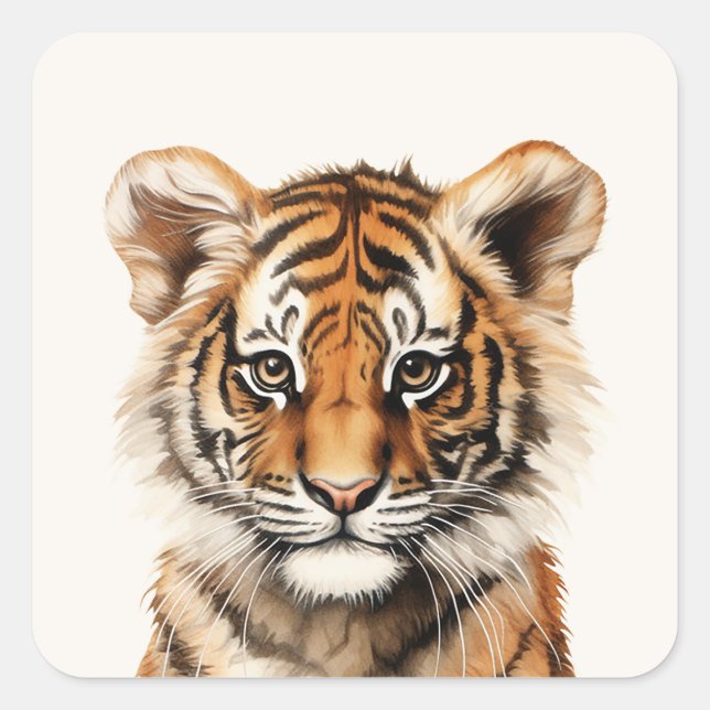 Wasserfarbenportrait eines kleinen Tiger Quadratischer Aufkleber (Vorderseite)
