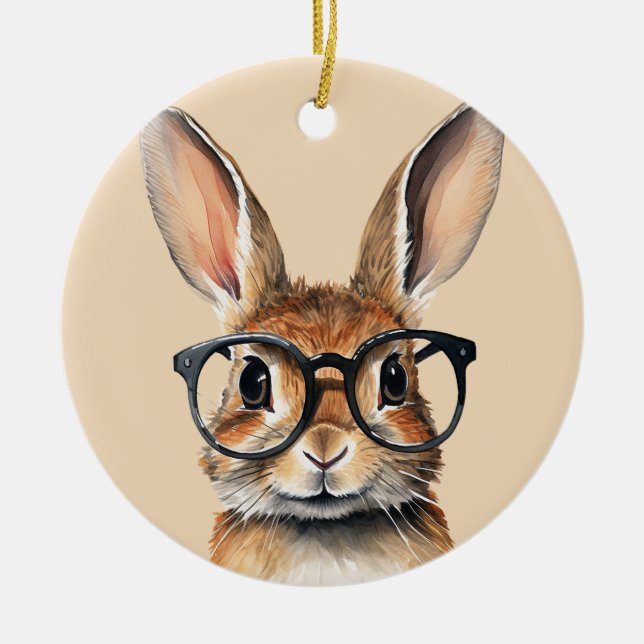 Wasserfarbenportrait Niedliches Kaninchen mit Bril Keramik Ornament (Vorne)