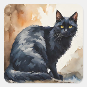 Wasserfarbenportrait Schwarze Katze Pose Quadratischer Aufkleber
