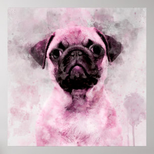 Wasserfarbenporträt des rosa Mops-Hundes 02 Poster
