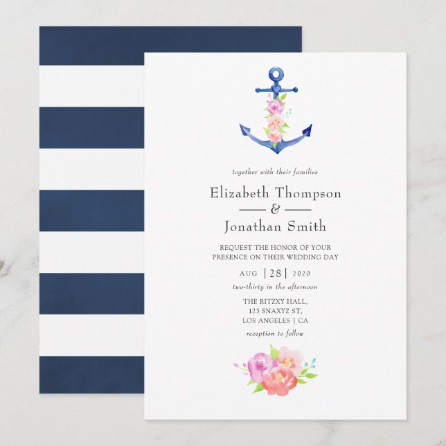 Wasserfarbenprächtige Hochzeit mit floralen Themen Einladung (Vorne/Hinten)