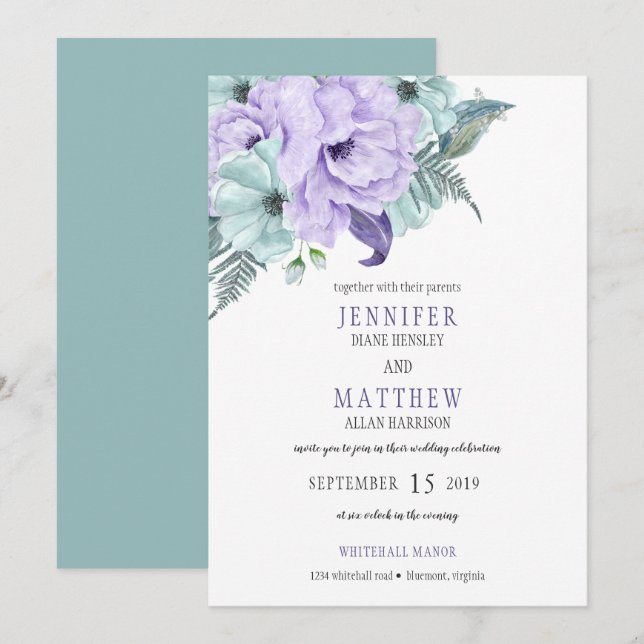 Wasserfarbenprächtige Hochzeit von Lila Peonies Einladung (Vorne/Hinten)