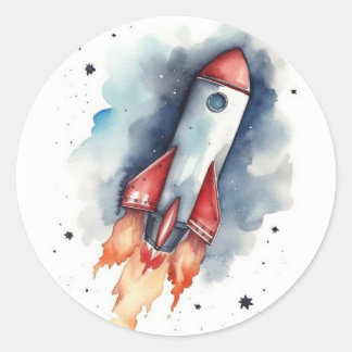 Wasserfarbenrocketschiff durch die Sterne Runder Aufkleber