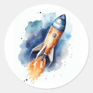 Wasserfarbenrocketschiff durch Sterne Runder Aufkleber