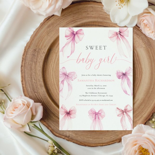 Wasserfarbenrosa Coquette verbeugt süßes Mädchen Einladung (Von Creator hochgeladen)