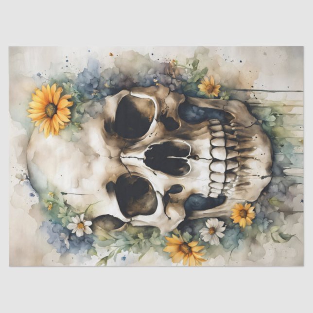 Wasserfarbenschädel mit Wildblumen Decoupage Seidenpapier (Vorderseite)