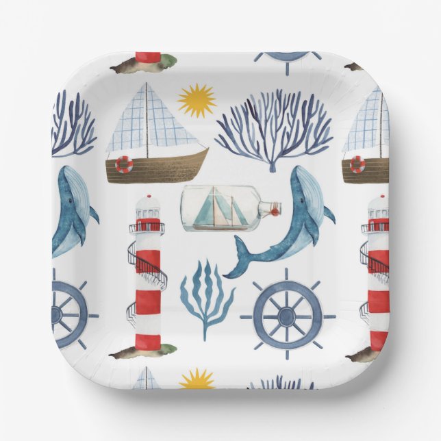 Wasserfarbenschiff, Sailor Whale Sea Babydusche Pappteller (Vorderseite)