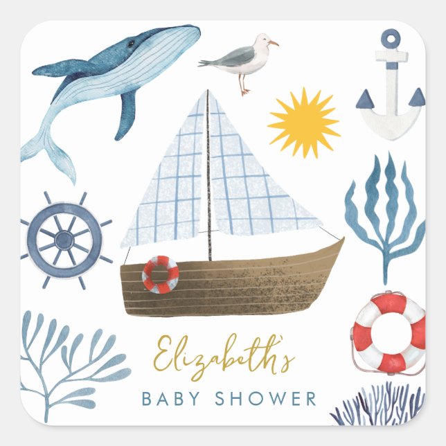 Wasserfarbenschiff, Sailor Whale Sea Babydusche Quadratischer Aufkleber (Vorderseite)