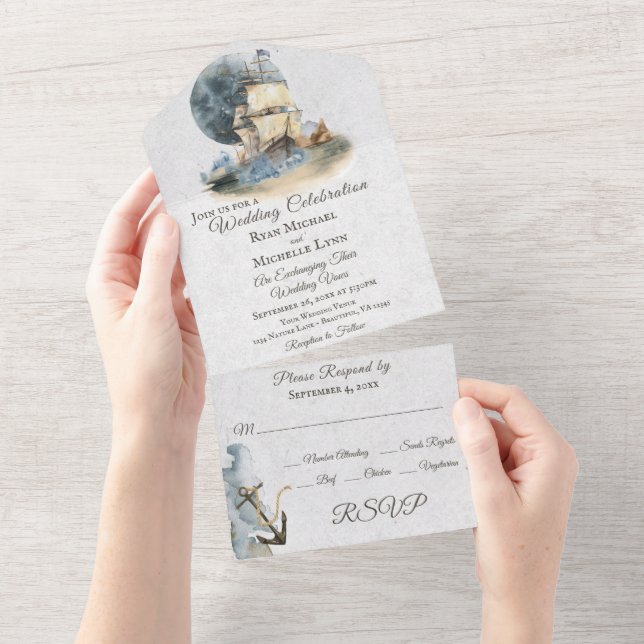 Wasserfarbenschiff und Vollmondhochzeit All In One Einladung (Abreißen)