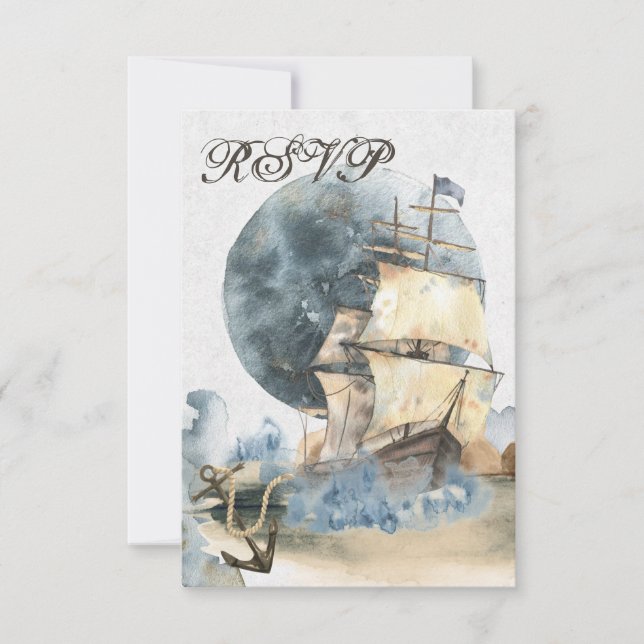 Wasserfarbenschiff und Vollmondhochzeit RSVP Karte (Vorderseite)