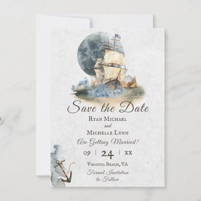 Wasserfarbenschiff und Vollmondhochzeit Save The Date (Vorderseite)