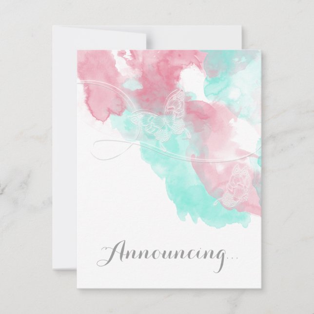 Wasserfarbenschmetterling-Hochzeit Ankündigung (Vorderseite)
