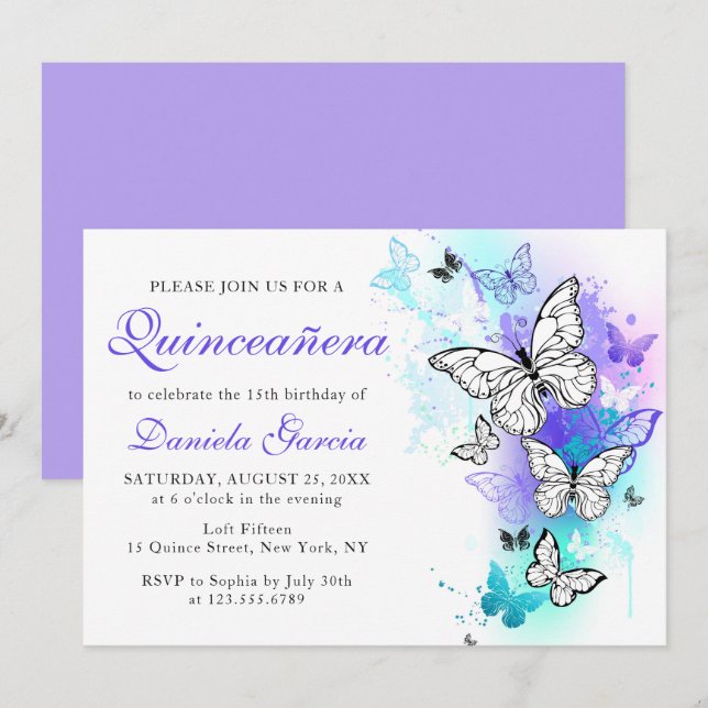 Wasserfarbenschmetterling Lila Türkis Quinceañera Einladung (Vorne/Hinten)