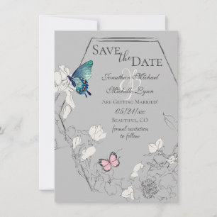 Wasserfarbenschmetterling und geometrische Hochzei Save The Date