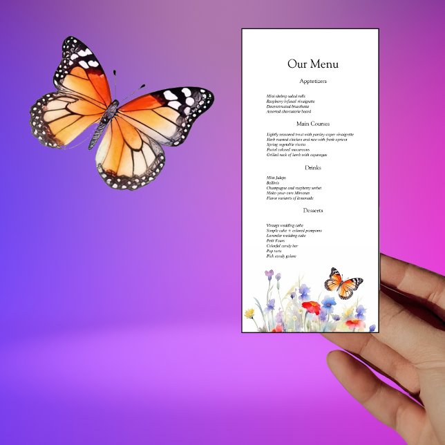 Wasserfarbenschmetterling und Wildblumen Hochzeits Menükarte (Von Creator hochgeladen)